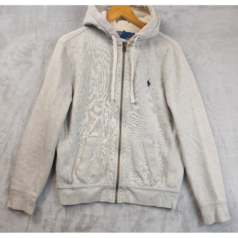 VTG 90s Polo Ralph Lauren Hoodie Full Zip Sweater Large Fleece Waffle Knit Hood